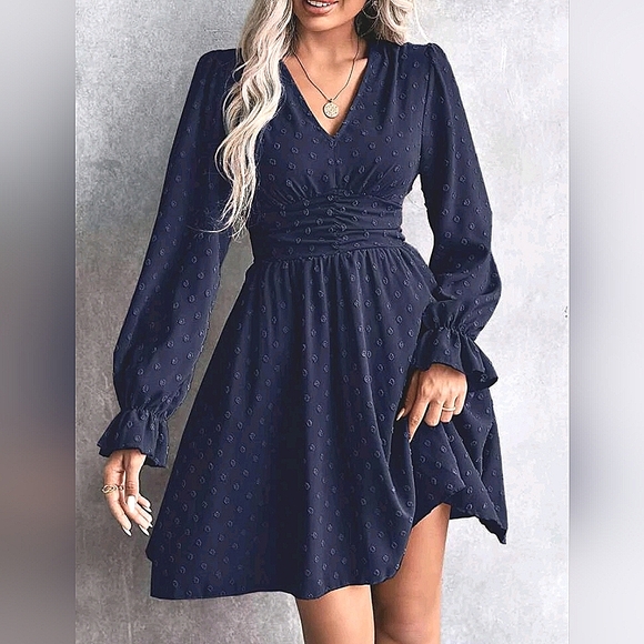 New Flowy Dot Long Sleeve Ruched Waist Short Dress Navy Blue - Picture 6 of 8